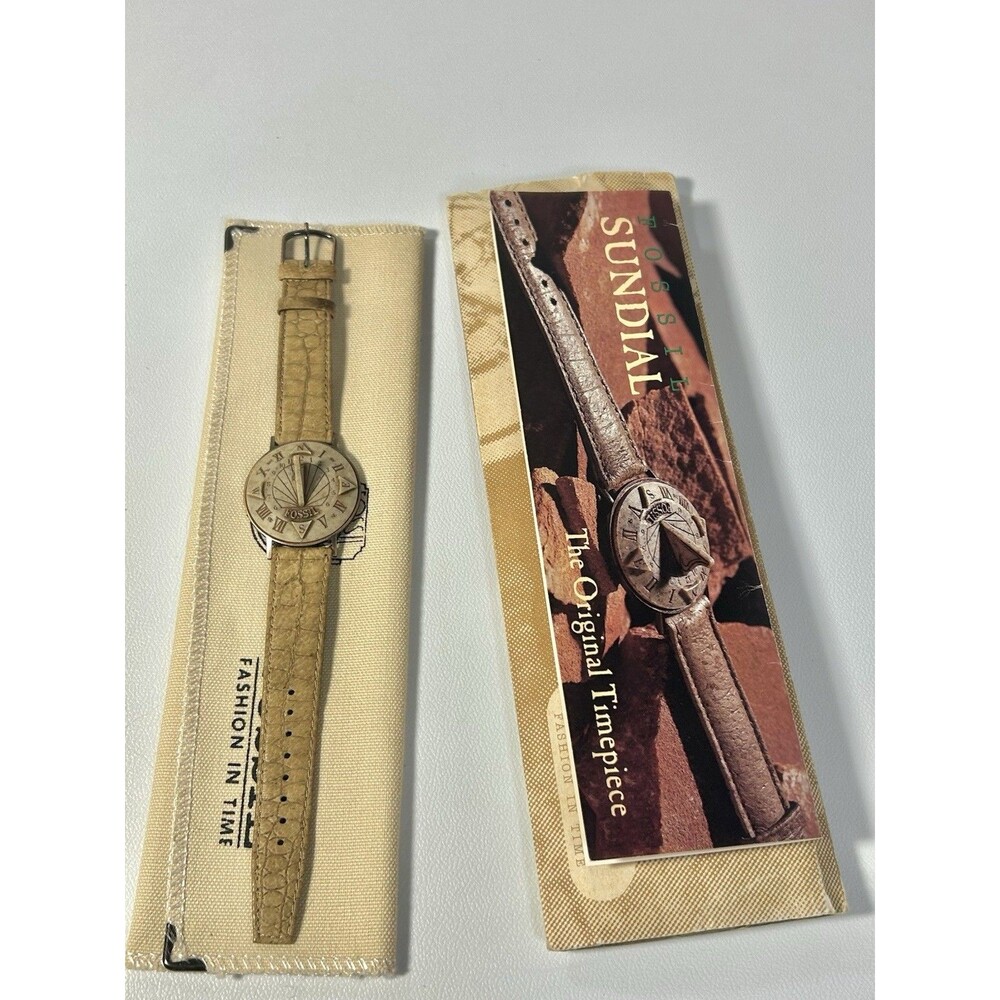Vintage Sundial Fossil Brown Leather Analog Watch Novelty Wristwatch